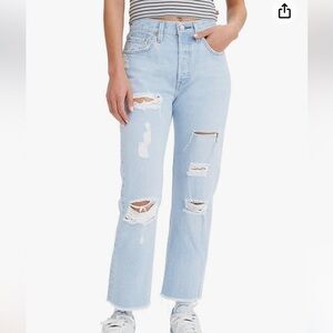 Levi's 501 Cropped Jean High Rise Straight Leg Distressed Light Wash Sz 27 x 26